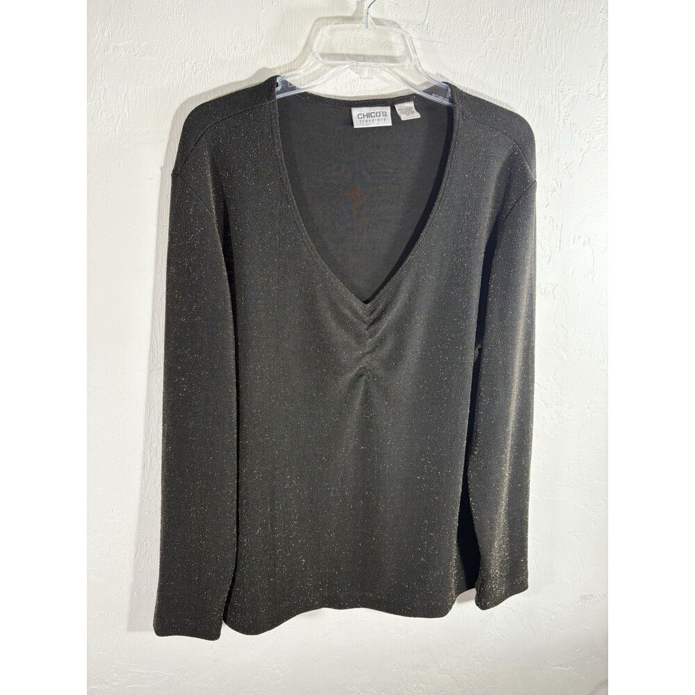 Chico’s Travelers Black Gold Metallic V neck Sz 3  X-Large Womans Blouse Stretch